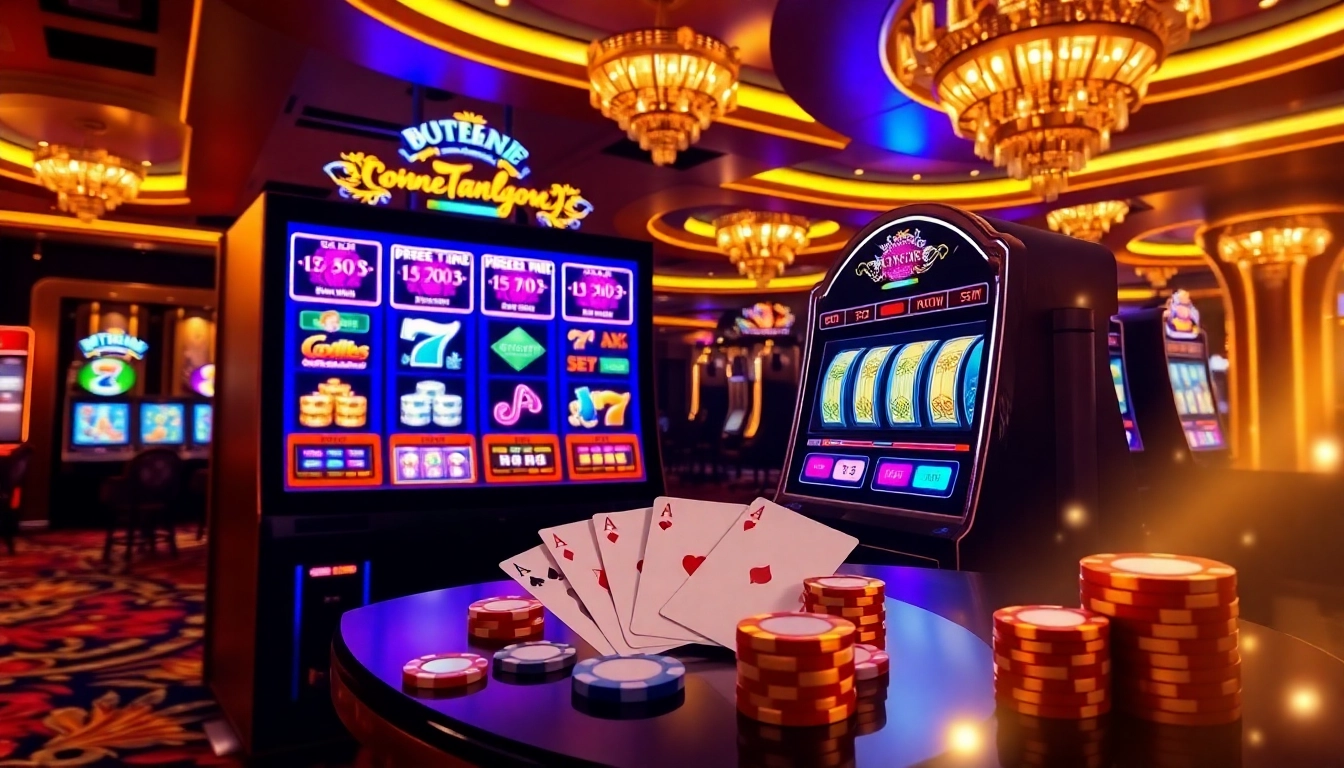 Engage with slot depo pulsa at a luxurious casino, showcasing vibrant slot machines and betting excitement.