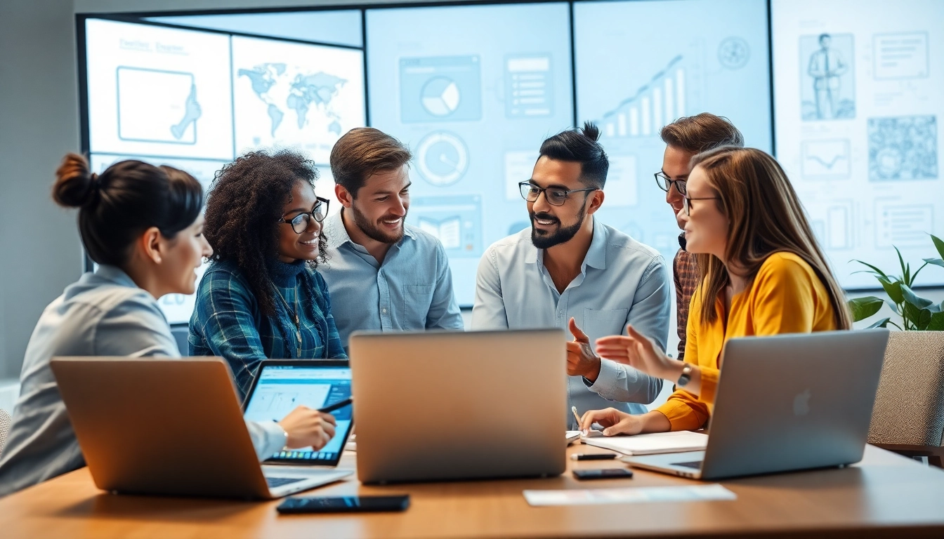 Visualize a web design company team collaborating on innovative projects in a modern workspace.