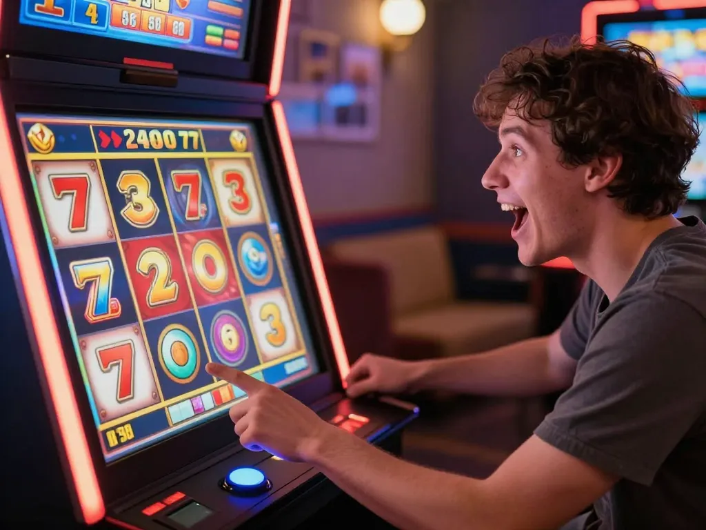 Player enjoying immersive slot77 game experience by pressing spin button on colorful online slot interface.