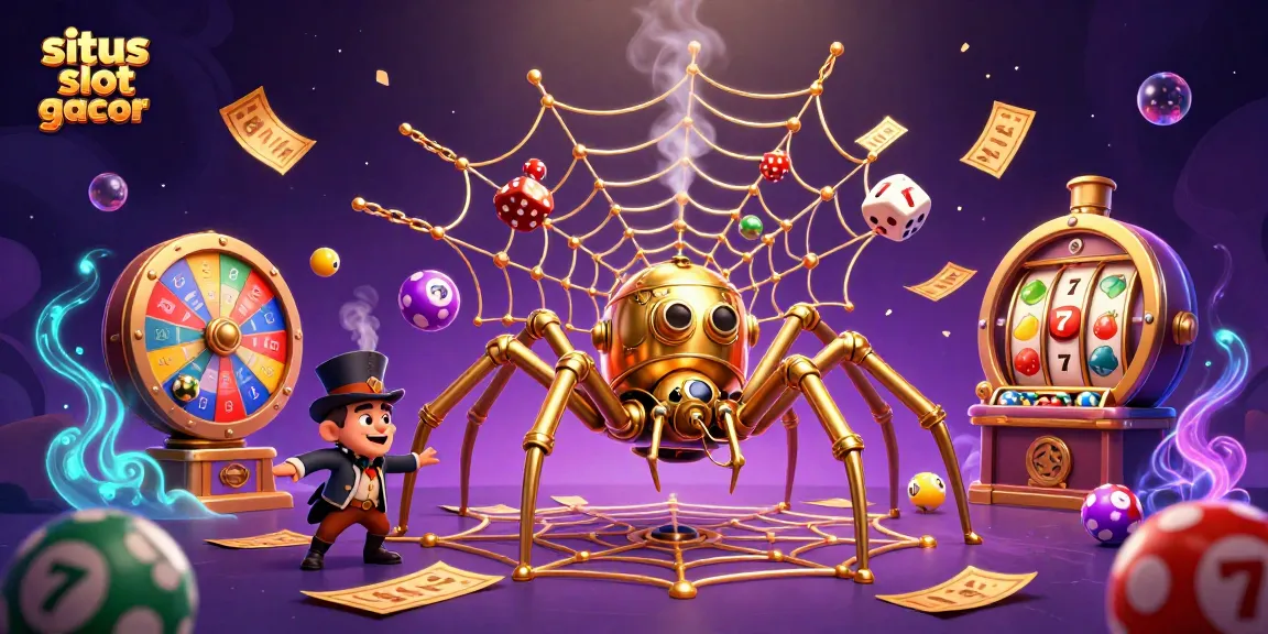 Experience excitement with situs slot gacor, featuring a steampunk spider and dynamic casino elements.