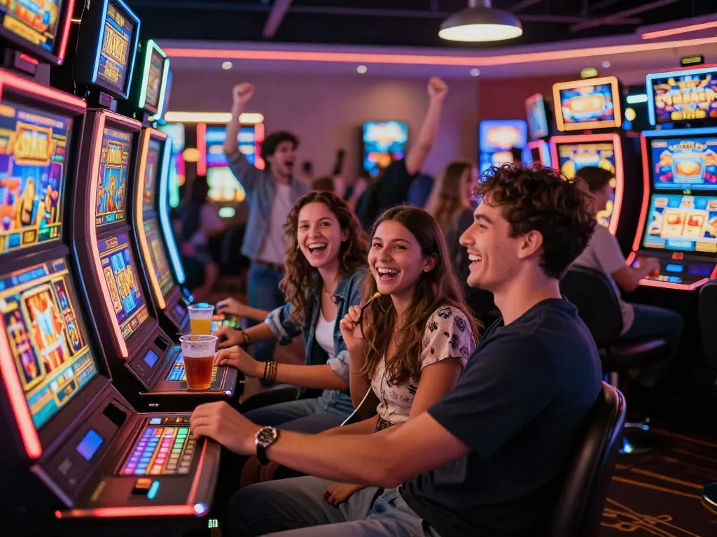 Suasana kasino di mana pemain menikmati permainan slot777 dengan sorakan kegembiraan.