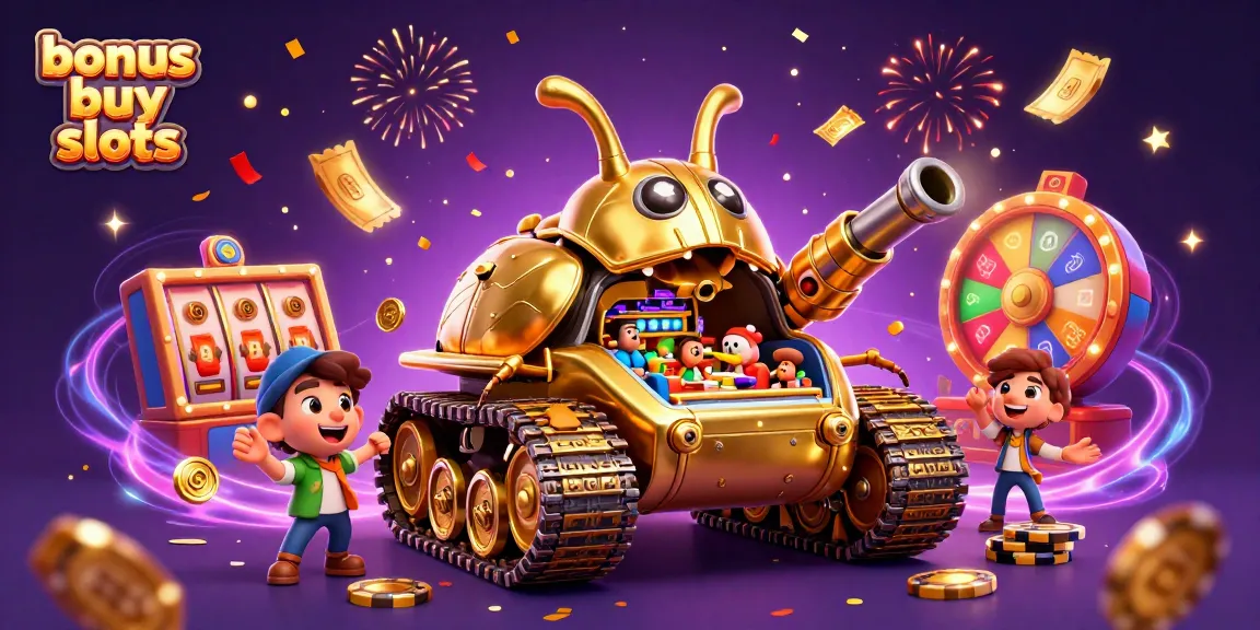 Experience thrilling bonus buy slots with a 3D cartoon tank casino and festive elements in this dynamic illustration.