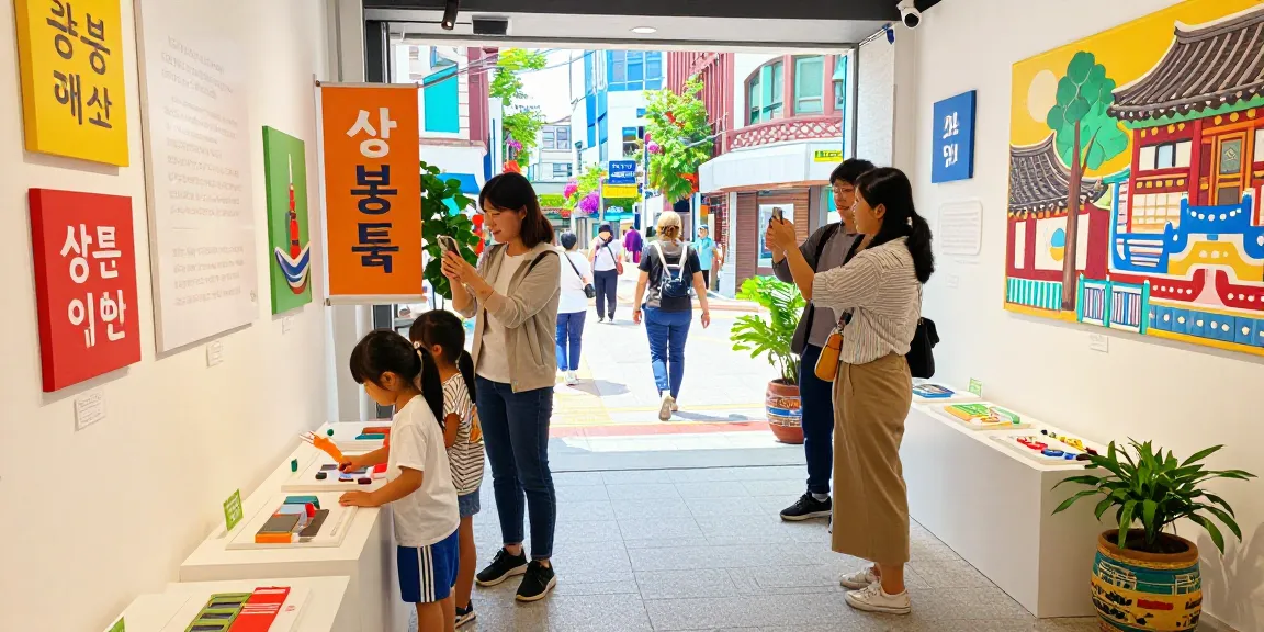 Family engaging with exhibits at 상봉동 한국관 cultural center, highlighting vibrant community and cultural heritage.