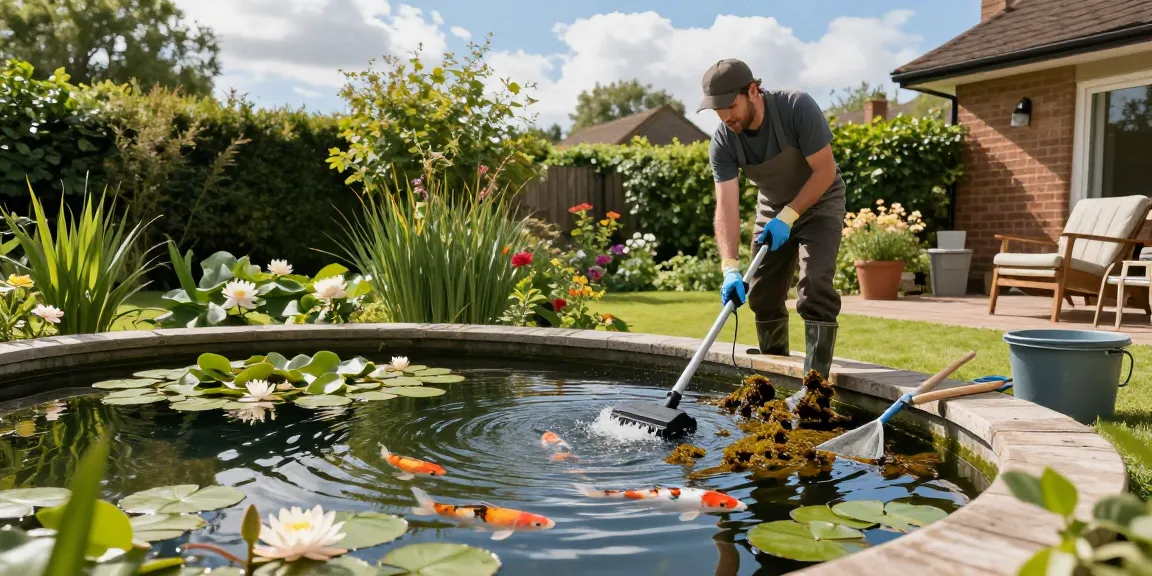 Pond Cleaning Essex professional cleaning algae from a koi pond in a tranquil garden setting.