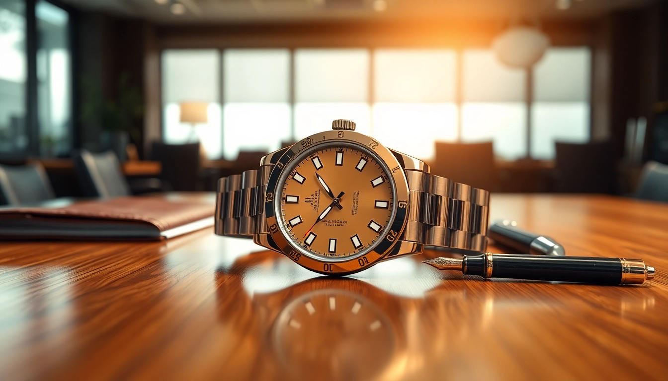 Showcase a detailed rolex replica resting elegantly on polished wood, highlighting its luxury features.