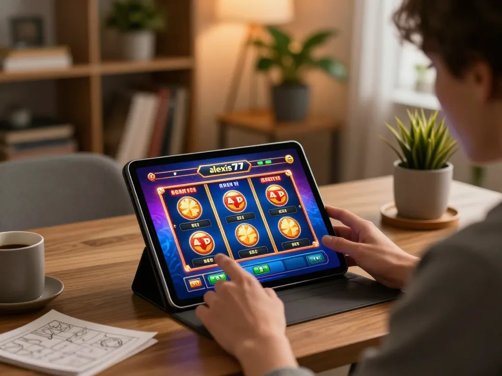 Engaging moment betting on the alexis77 slot with vibrant interface on a tablet.