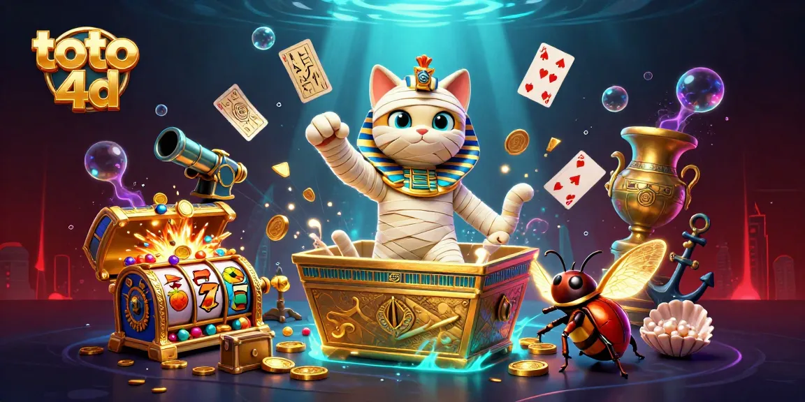 Win big with toto 4d in this dynamic 3D casino scene featuring a cartoon mummy cat and treasures.