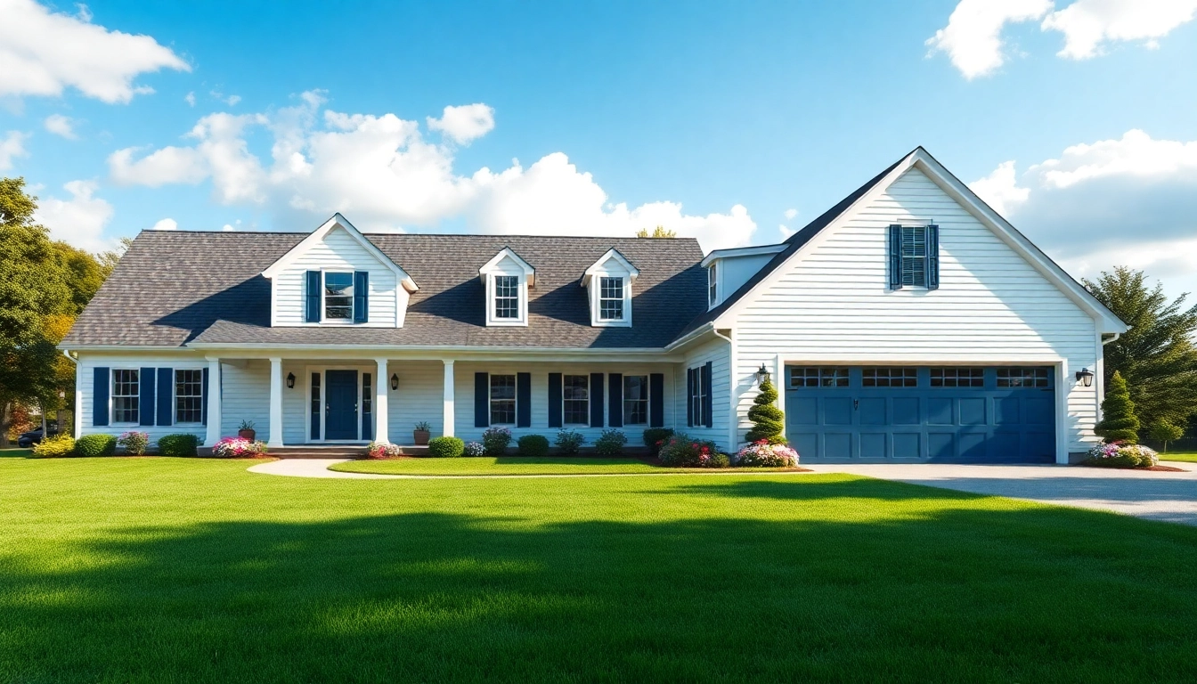 Cape Cod home showcasing an impressive attached garage amidst lush landscaping.