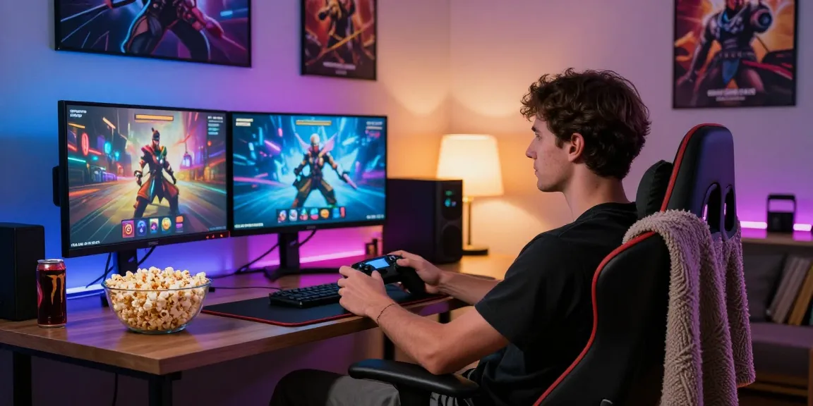 Playing free porn games on dual monitors in a cozy gaming setup.