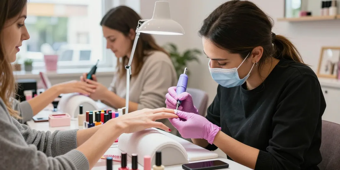 Tehnician de unghii profesionist folosind o freza unghii electrica într-un salon modern cu un decor vibrant.