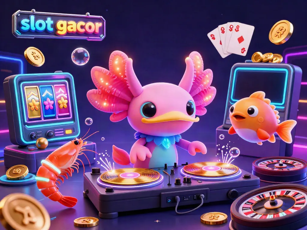 Spin the reels with slot gacor in a neon underwater casino scene featuring a DJ and vibrant sea creatures.