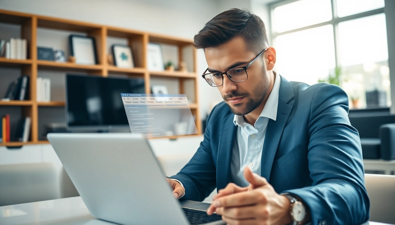 Consultant focused on registration and certification in Federal databases for federal contracts in a modern office.