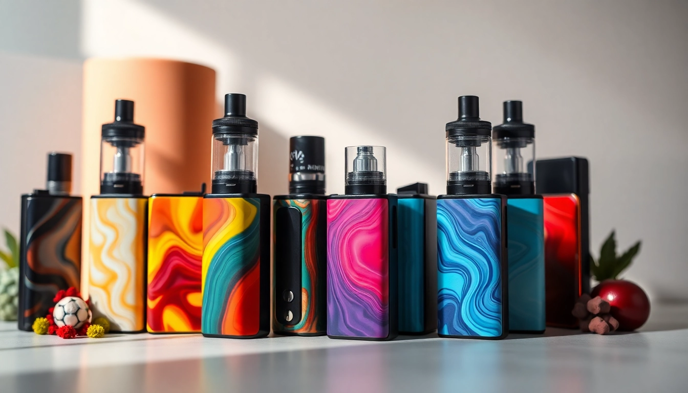 Vape assortment showcasing colorful disposable vapes with elegant designs and textures.