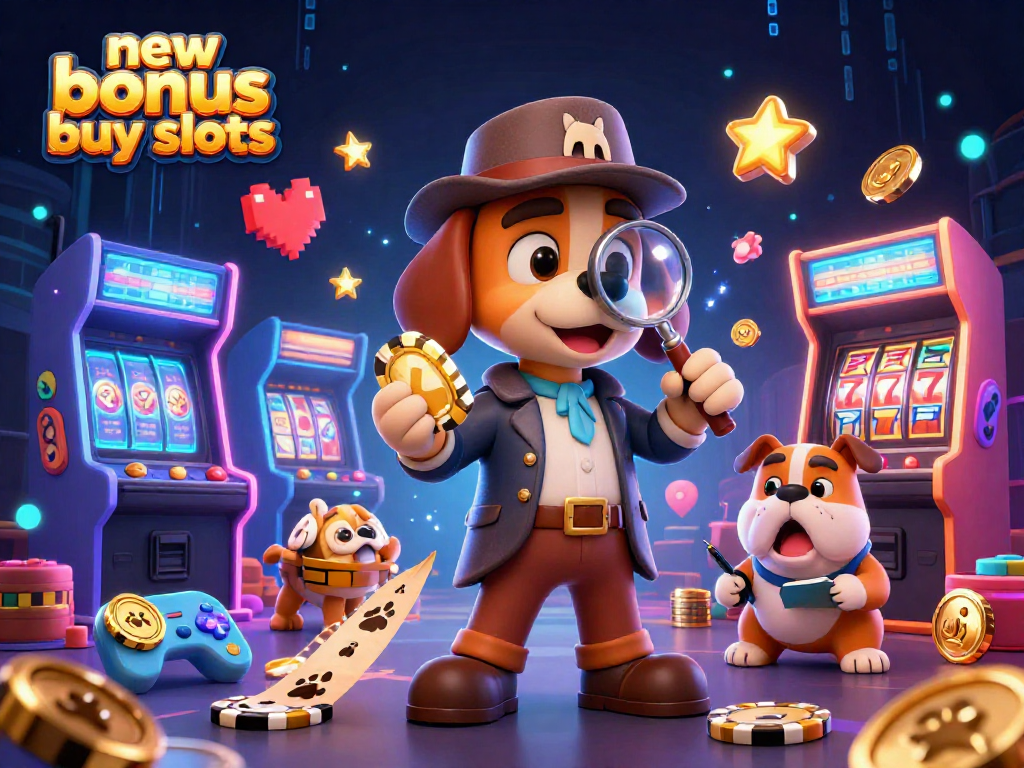 Explore new bonus buy slots with a detective bloodhound and casino treasures in a vibrant scene.