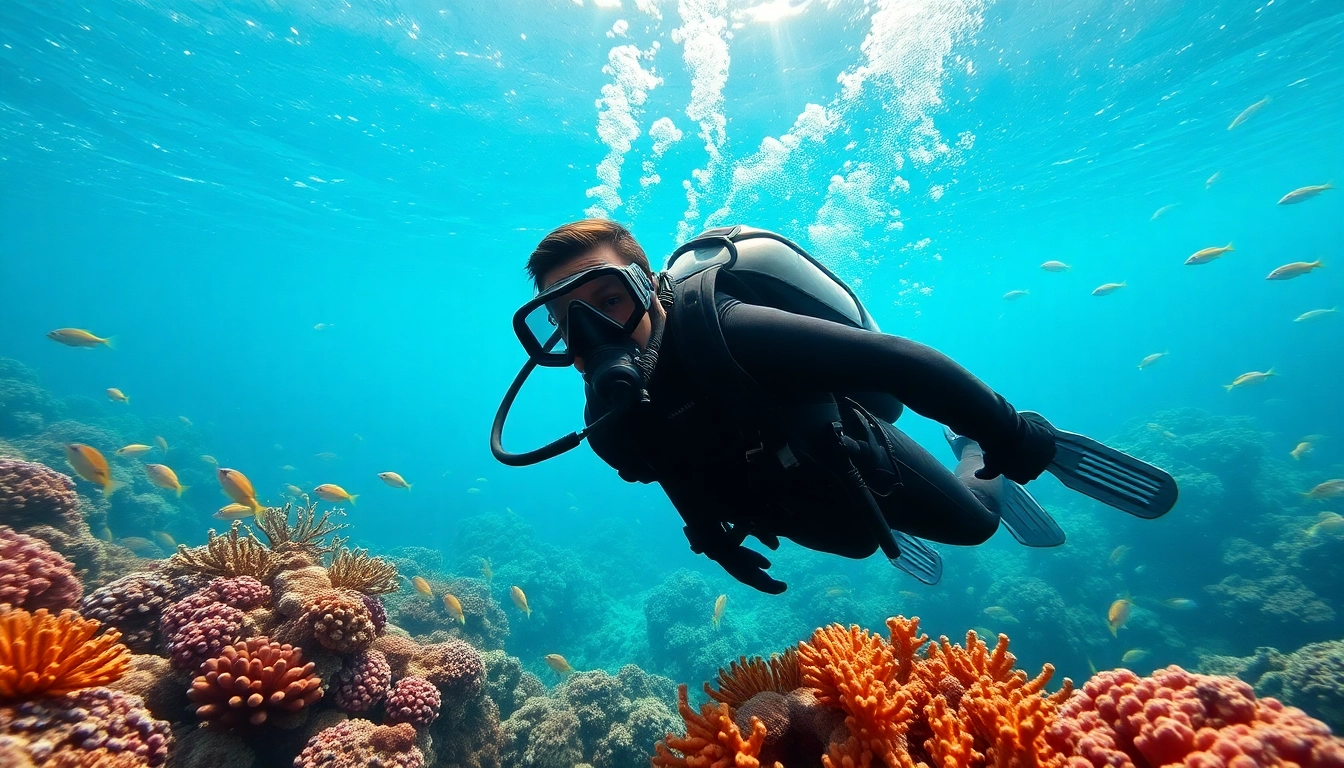 Tauchen im klaren Wasser mit einem professionellen Taucher und bunten Korallenriffen.