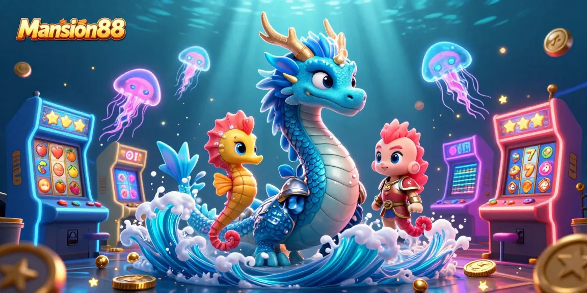 Mansion88 brings excitement with a vibrant underwater scene featuring a dragon, seahorse knight, and glowing jellyfish.