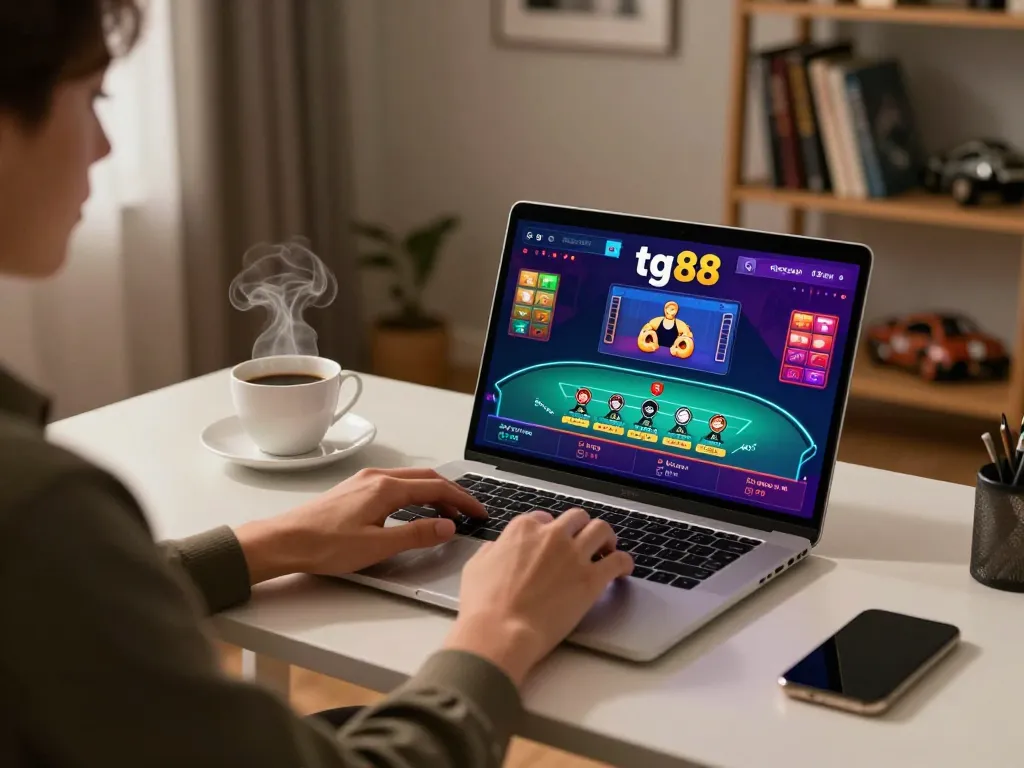 Engaging in online gambling at tg 88 with a stylish laptop setup and live dealer game interface.