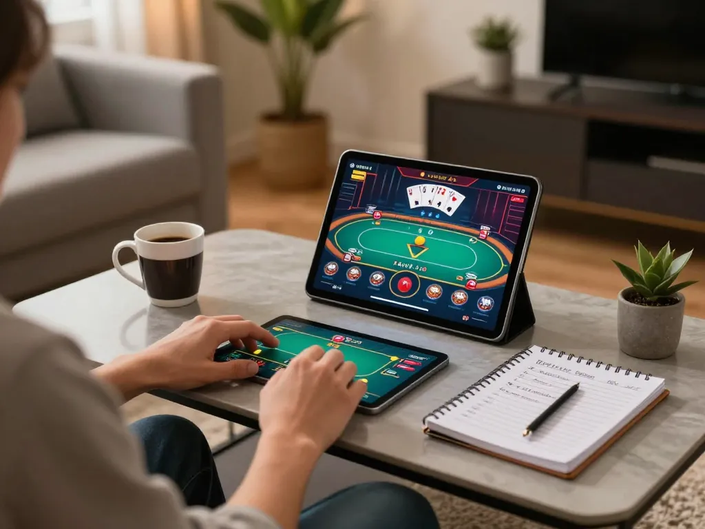 w 88 online gaming session with player using tablet at home, displaying poker interface and strategy notes.