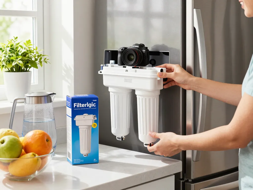 Replacing the Filterlogic 4396508 Refrigerator Water Filter in a bright kitchen.