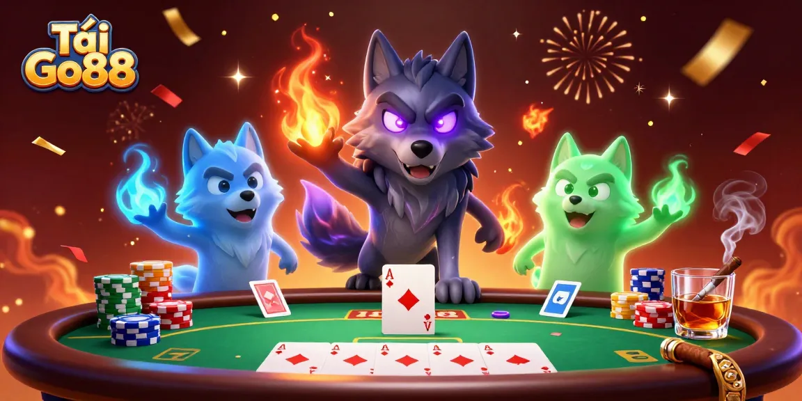 Experience thrilling action with Tải Go88 showcasing 3D cartoon wolves at a dynamic poker scene.