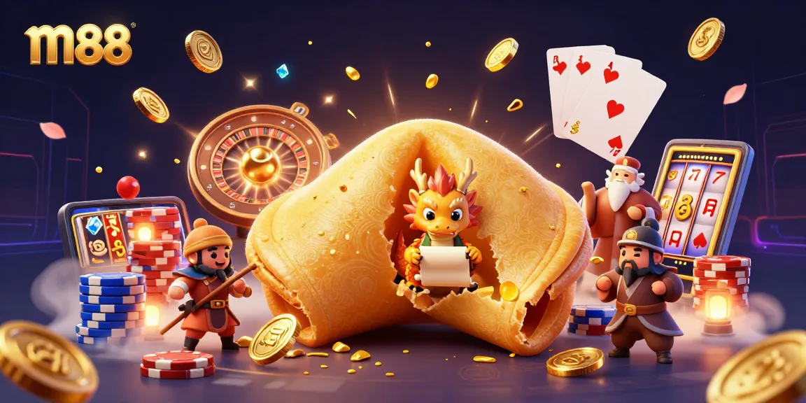 Experience thrilling m88 gaming with a golden fortune cookie, wise dragon, and dynamic casino elements.