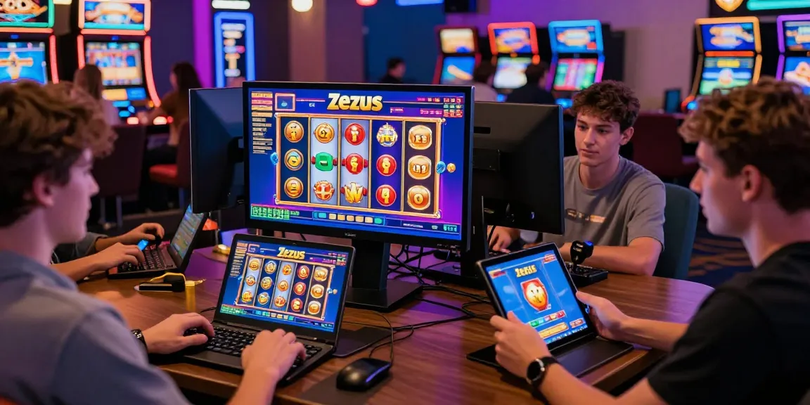 Engaging Zeus Slot gaming scene showcasing lively players enjoying casino gameplay in a vibrant digital environment.