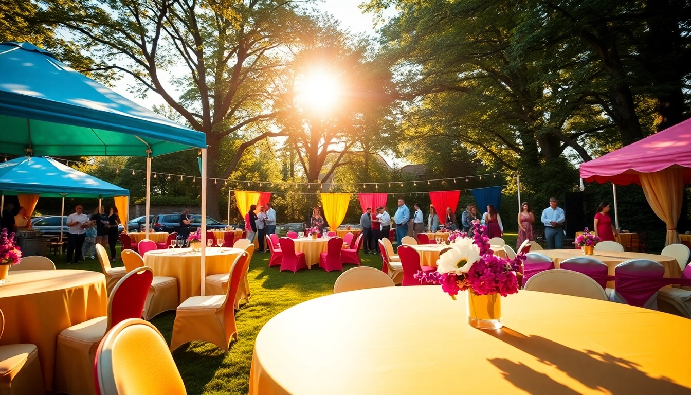 Vibrant outdoor setup showcasing Party Rentals Near Me, featuring colorful tents and tables.