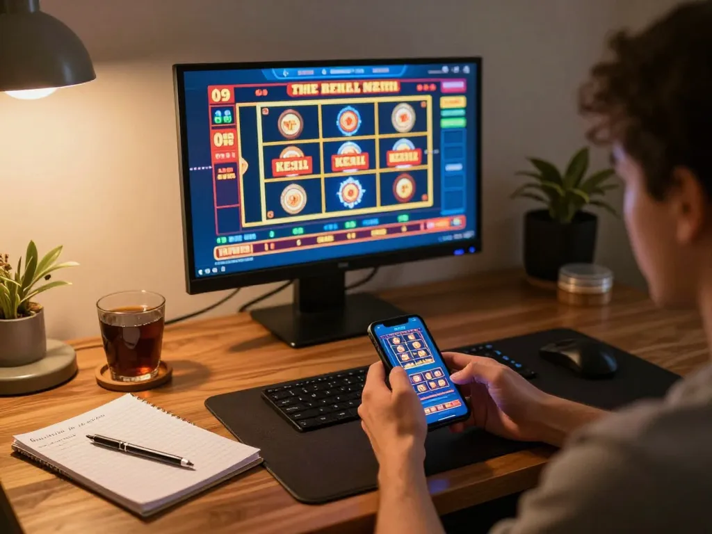 Engaging in slot bet kecil gameplay on smartphone at home, showcasing online gambling excitement