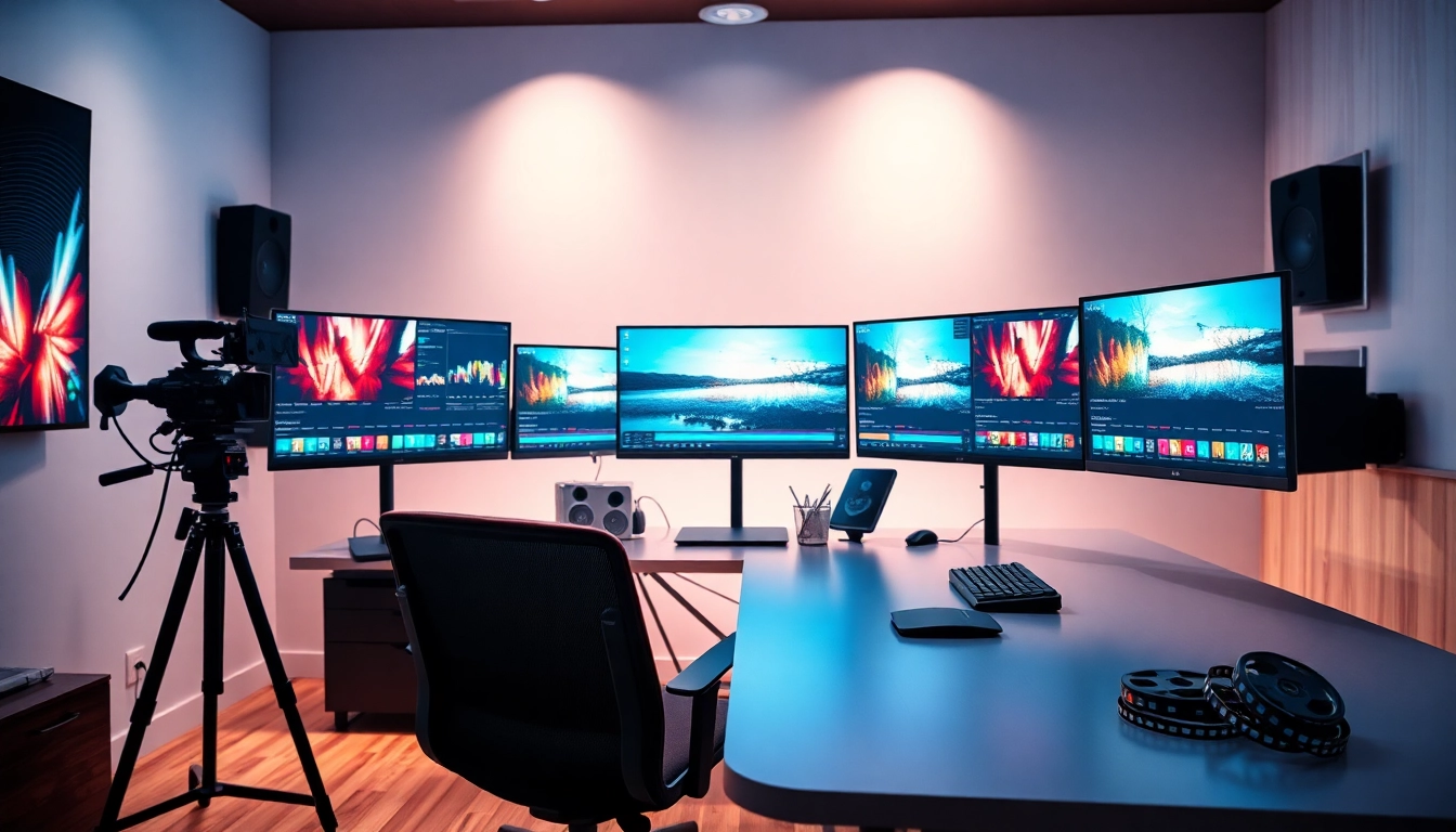 Showcasing post-production & editing in a professional workspace with vibrant editing screens and tools.