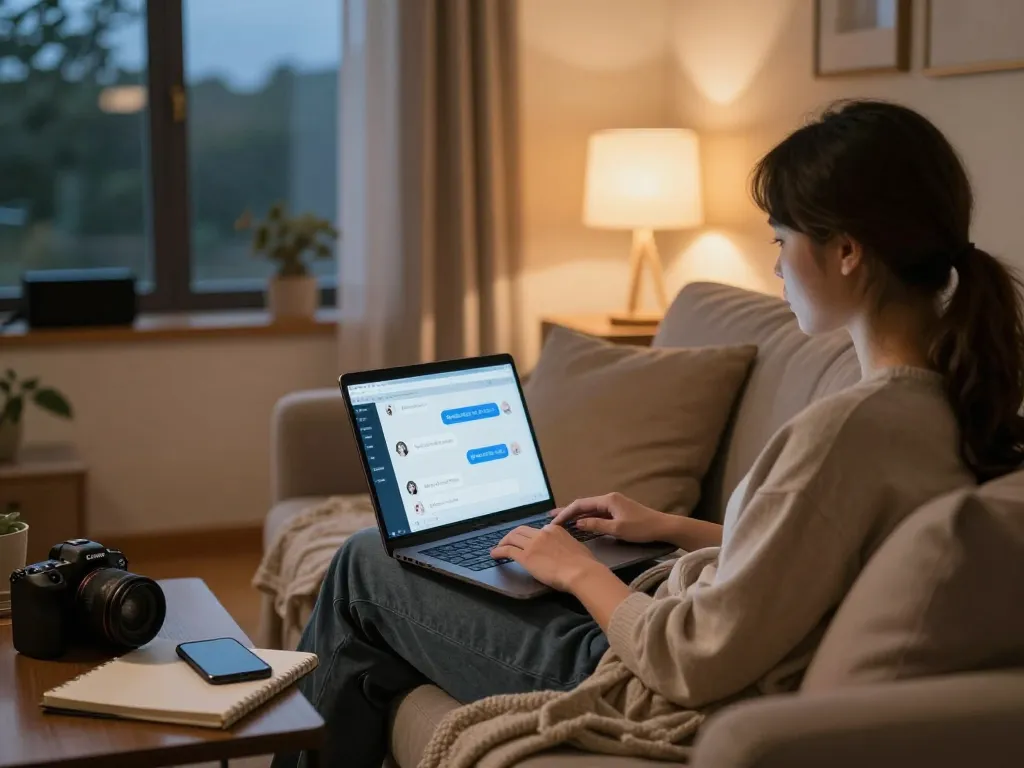 Engaging in sex chat AI on a laptop in a cozy home setting, showcasing digital intimacy.