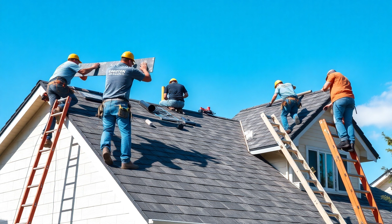 Roof repair professionals efficiently working on a residential roof, showcasing safety equipment and vibrant textures.