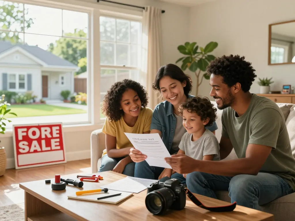 Sell my house fast for cash with a family happily reviewing a cash offer while planning their move.