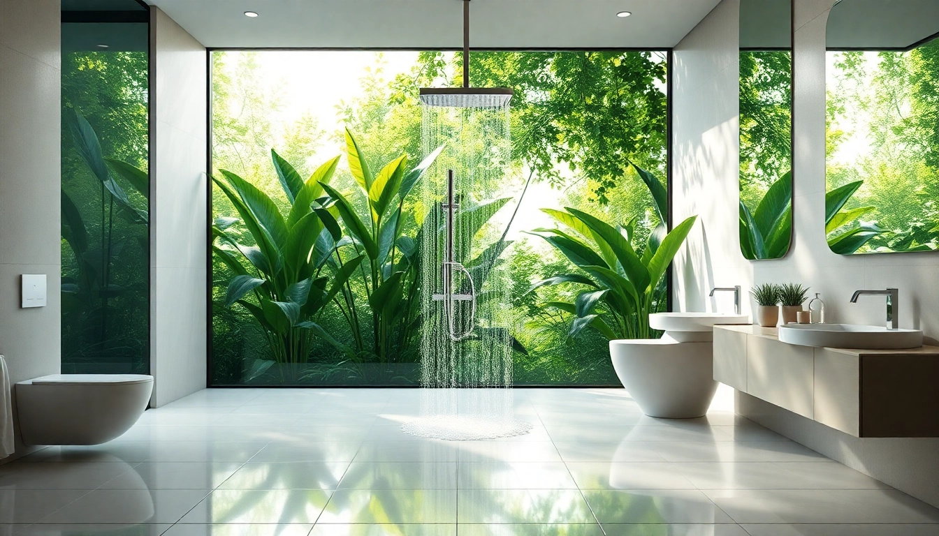 Experience elegant showers Australia in a modern, serene bathroom design with lush greenery.