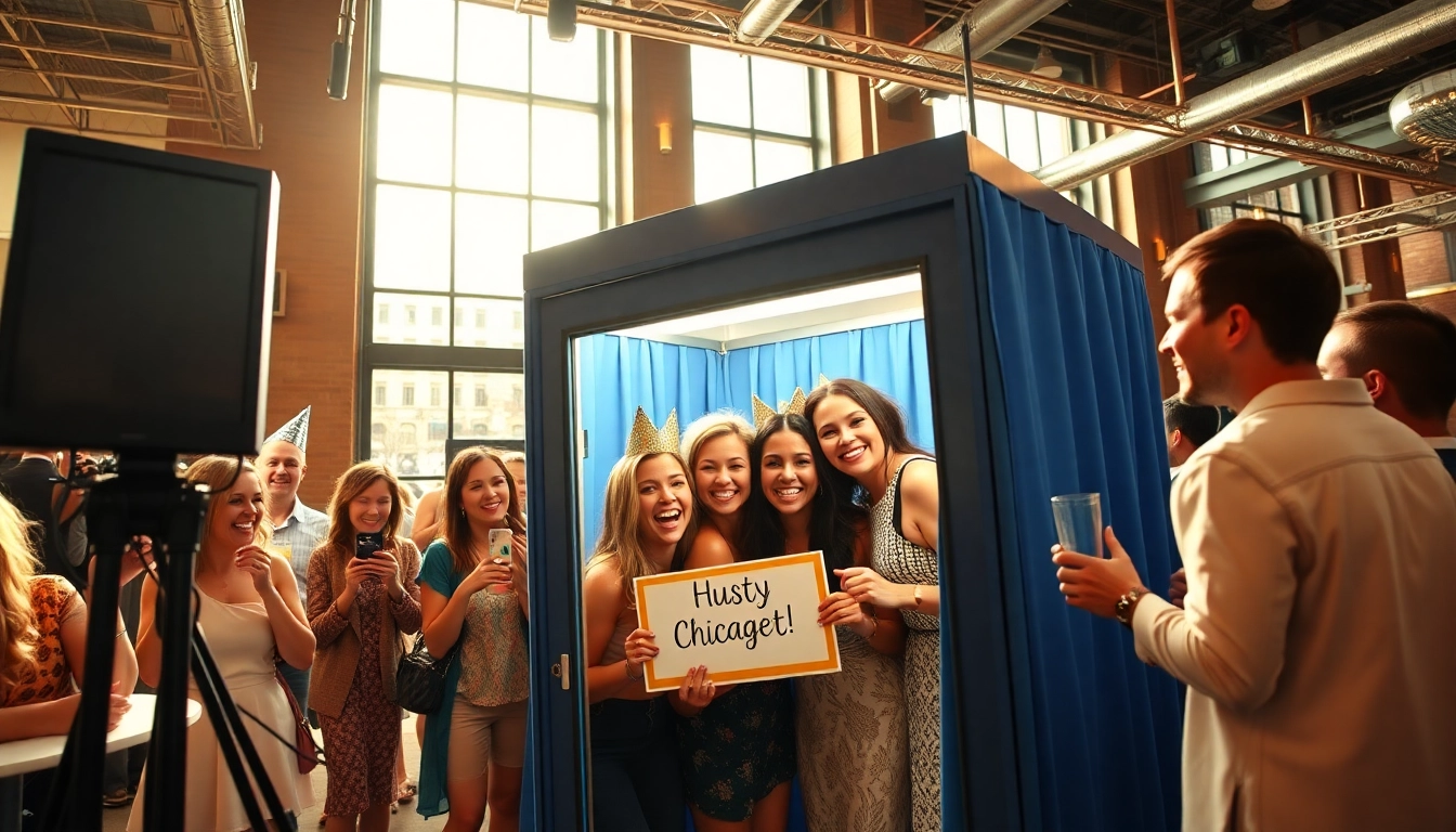 Guests enjoying a lively photo booth Chicago experience with cheerful props and bright décor.