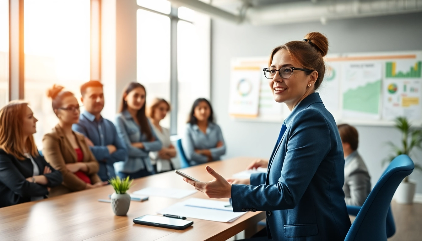 Enhance your Leadership Communication skills with a confident female leader presenting in a dynamic team meeting.