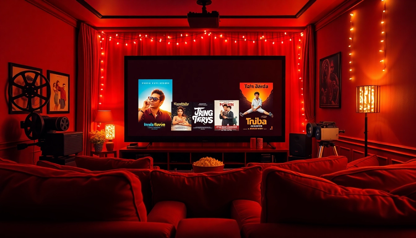Enjoy หนังออนไลน์ in a cozy home cinema setting, complete with film reels and vibrant posters.