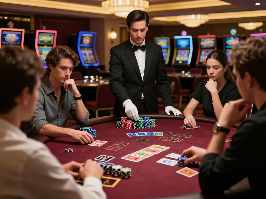 Players strategically engaging in a blackjack game at 99win's elegant casino floor.