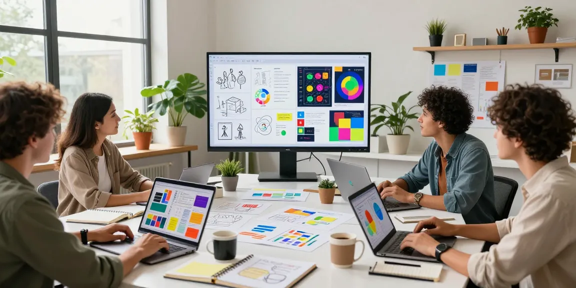 Team collaborating on a mixboard concept in a vibrant creative workspace, showcasing visual templates and moodboards.