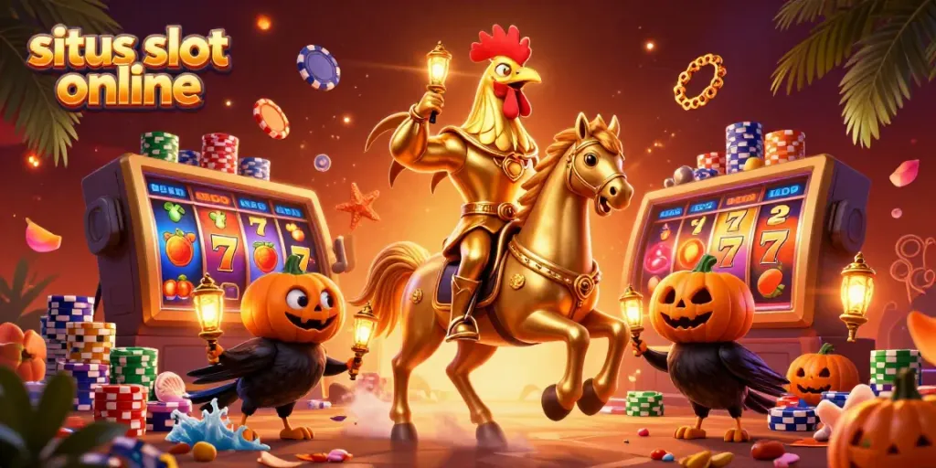 Menangkan jackpot di situs slot online dengan karakter ayam jantan emas dalam kasino malam yang penuh warna.