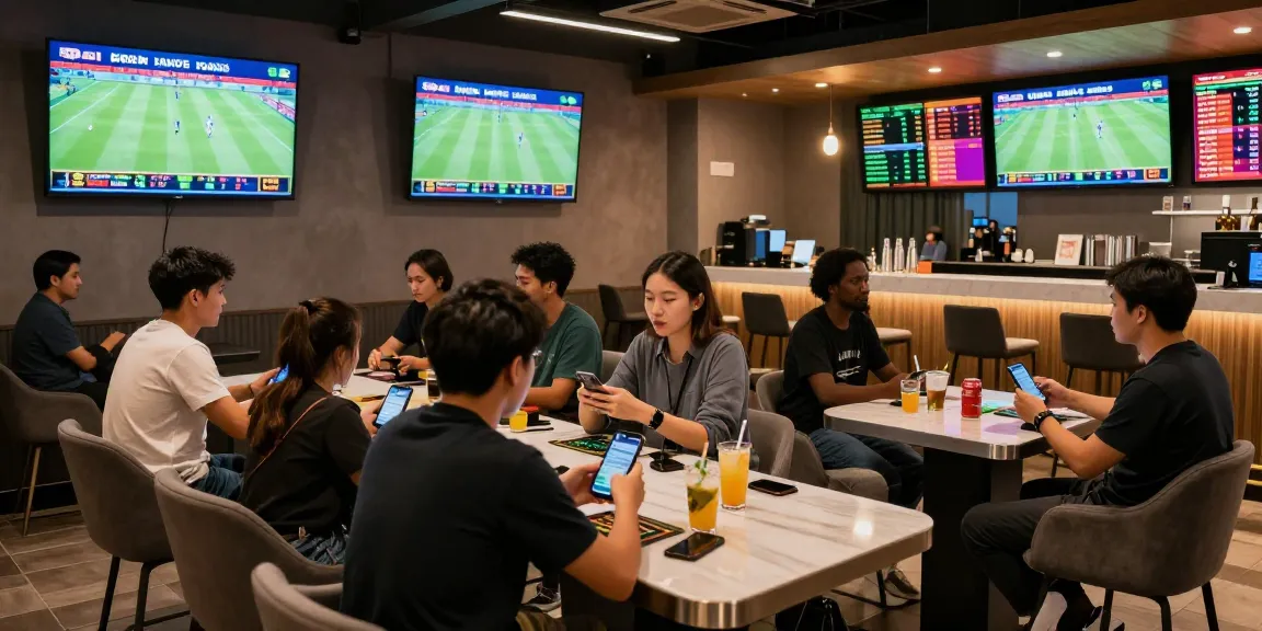Enthusiastic bettors engaging with Bandar Bola in a modern sports betting lounge.