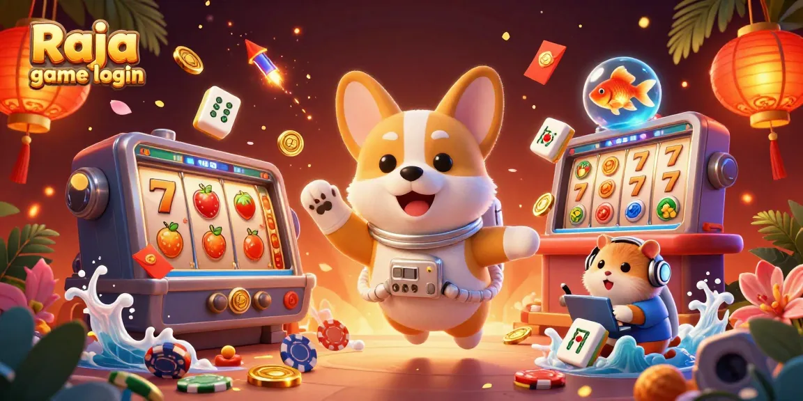 Play and win with Raja game login in a colorful casino scene featuring 3D animated characters.