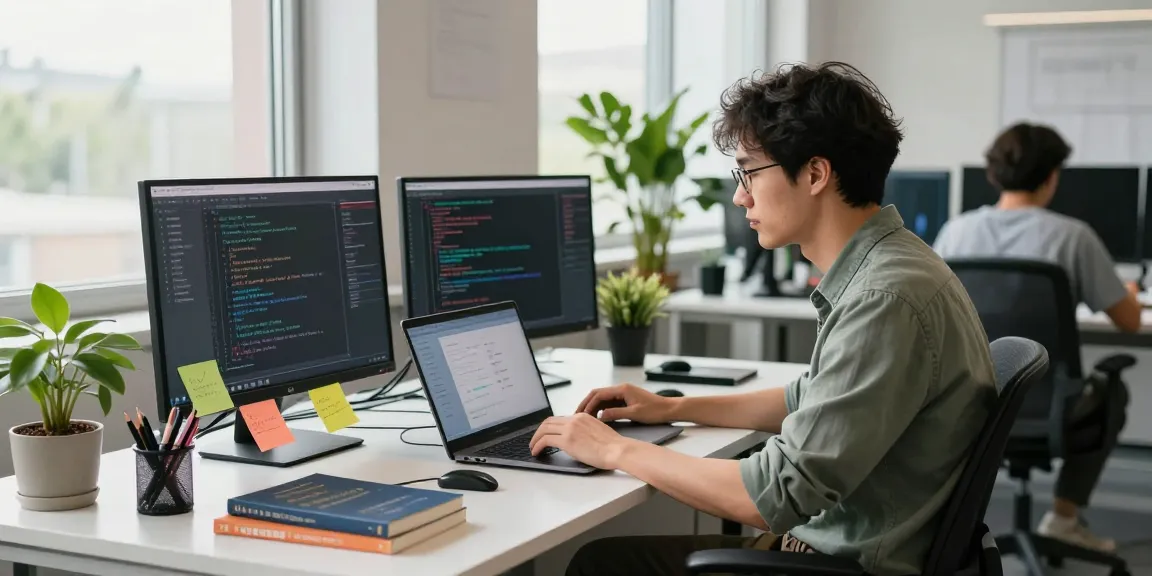Engaging workspace scene showcasing crush on ai with a developer interacting with an AI chatbot on a laptop in a modern office.