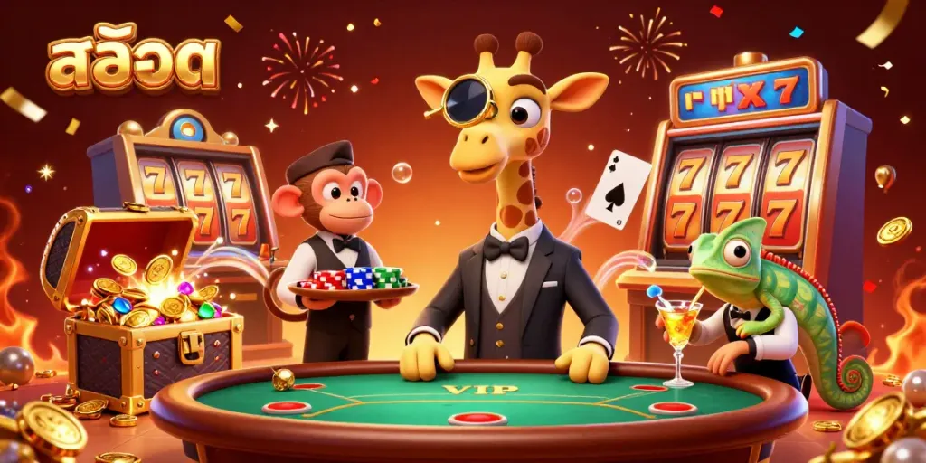 Roll the reels with excitement as a high-roller giraffe and friends enjoy the vibrant world of สล็อต.