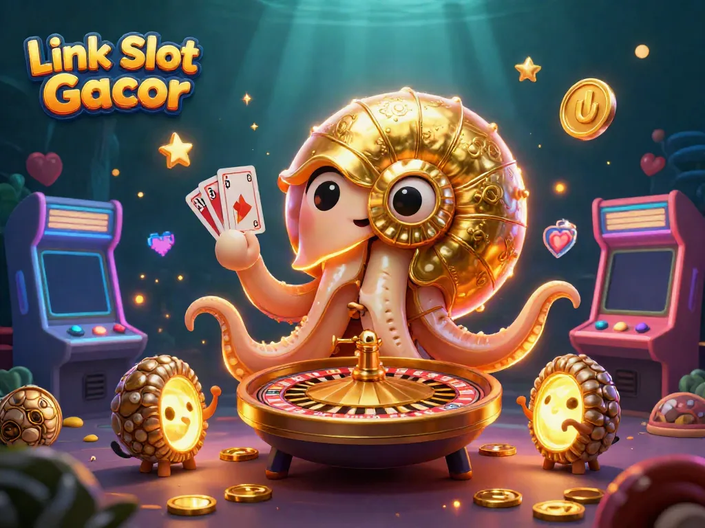 Slot Gacor Link menampilkan nautilus dengan lampu emas dan permainan arcade di latar belakang.