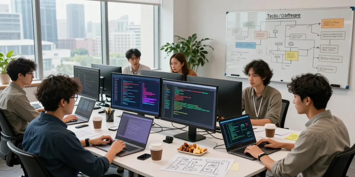 Developers collaborating on spicy AI projects in a modern tech workspace with innovative design.