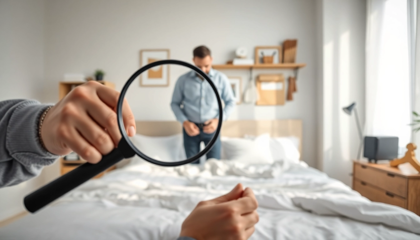 Bed bug exterminator Milwaukee examining bed for signs of infestation with tools.