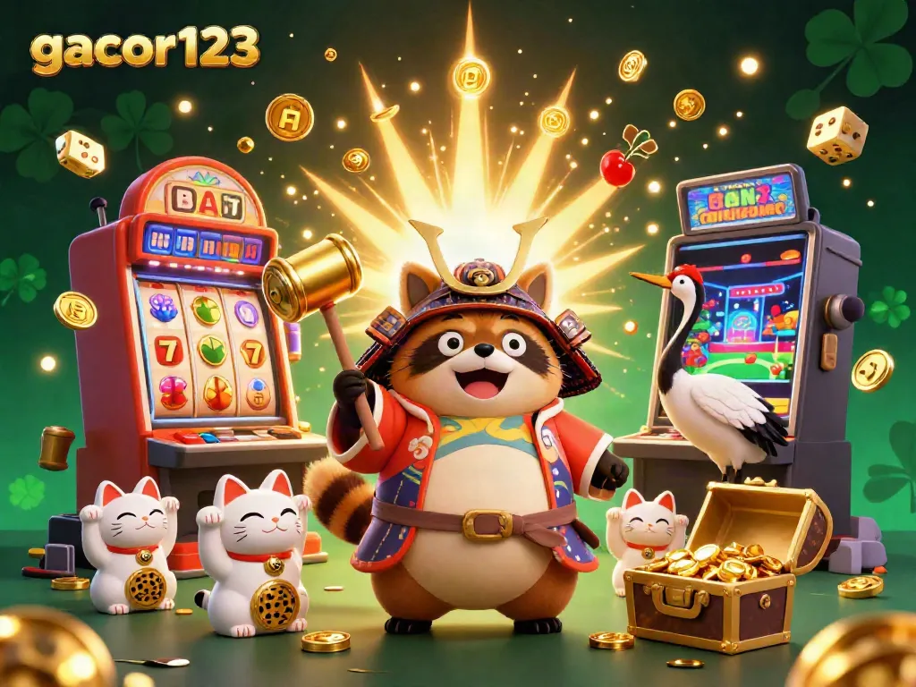 Engaging and vibrant scene showcasing gacor123's exciting casino atmosphere with cheerful characters and dynamic symbols.