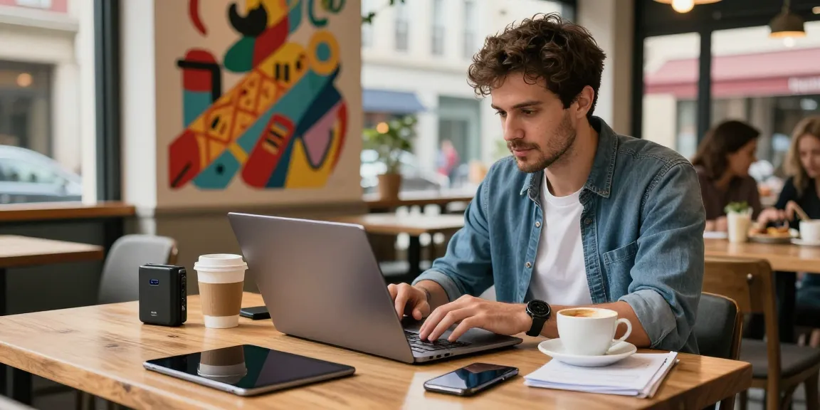 Comprar eSIM em café urbano, entusiasta da tecnologia usando laptop e dispositivos digitais.