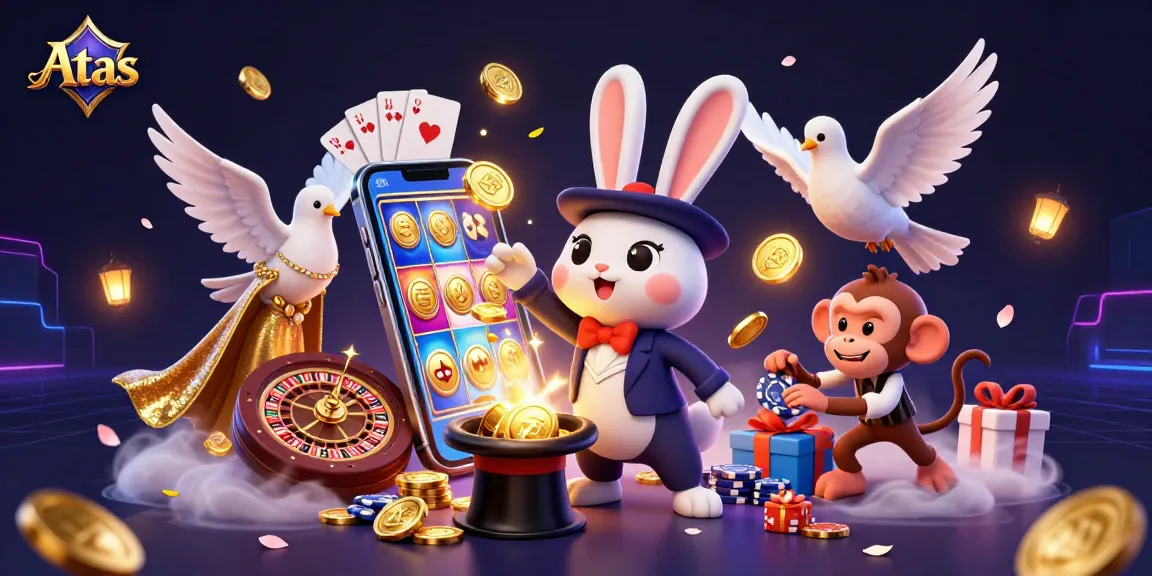 Atas Casino features a magical rabbit collecting coins, exciting games, and colorful slots.