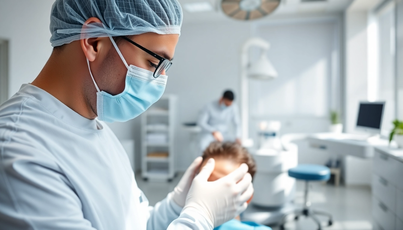 Professional surgeon conducting a hair transplant istanbul procedure in a modern clinic setting.